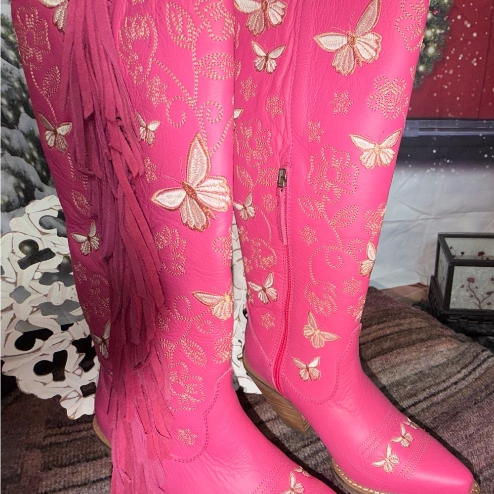 Dingo Retro Hot Pink Knee High Embroidered Leather Boots, Unreleased NWT Size 7 - Picture 11 of 16